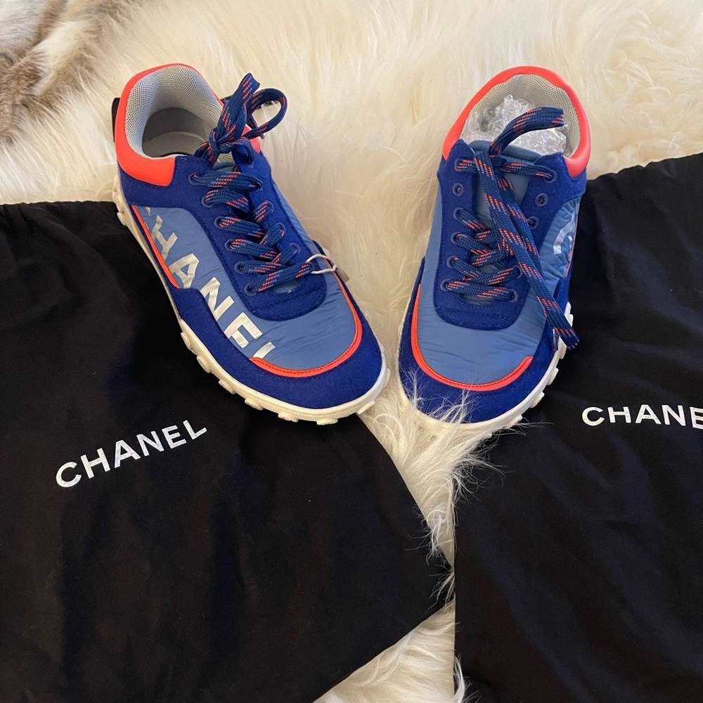 Women Chanel Blue and pink cloth trainers. Sz 37 Euro, 6.5 US